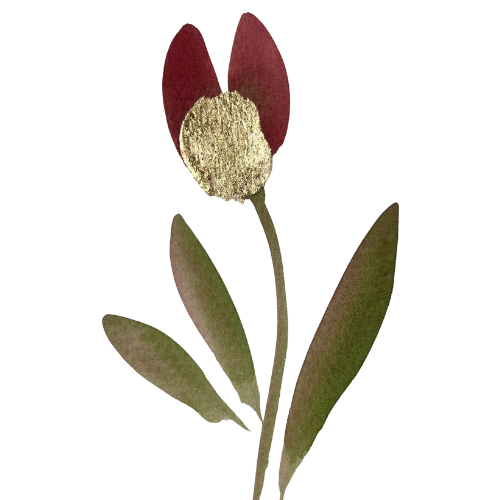 Una singola e stilizzata immagine di un fiore con petali rossi e dorati su sfondo bianco.